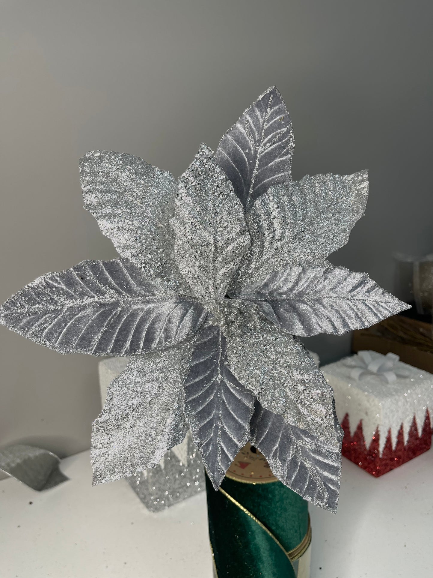 Grey and Silver Glittered Poinsettia Christmas Stem Spray Set of 3