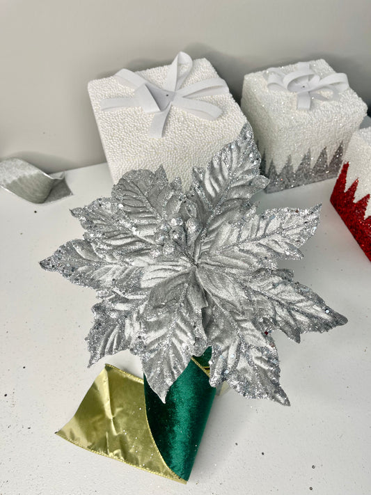 Silver Grey Glittered Velvet Poinsettia Christmas Pick