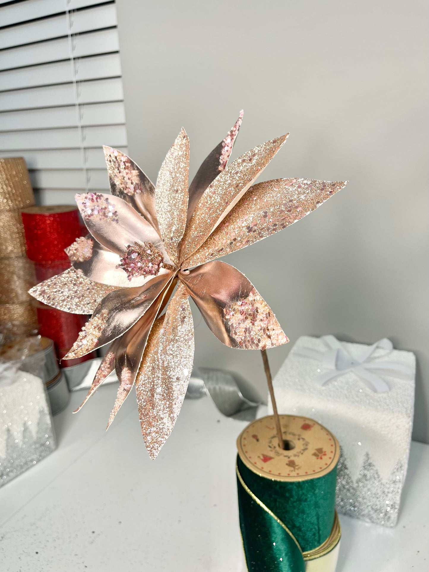 Rose Gold Metallic Poinsettia Stem beaded with Sequins