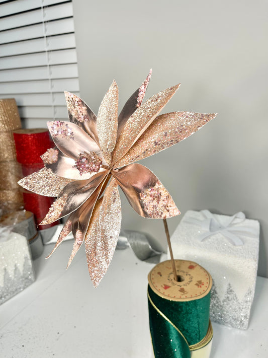 Rose Gold Metallic Poinsettia Flower Stem beaded with Sequins Set of 2