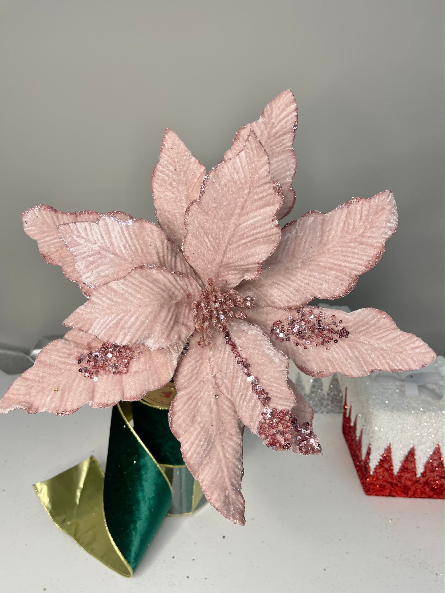 Pink Old Rose Velvet Glittered Poinsettia Christmas Stem Spray 14''