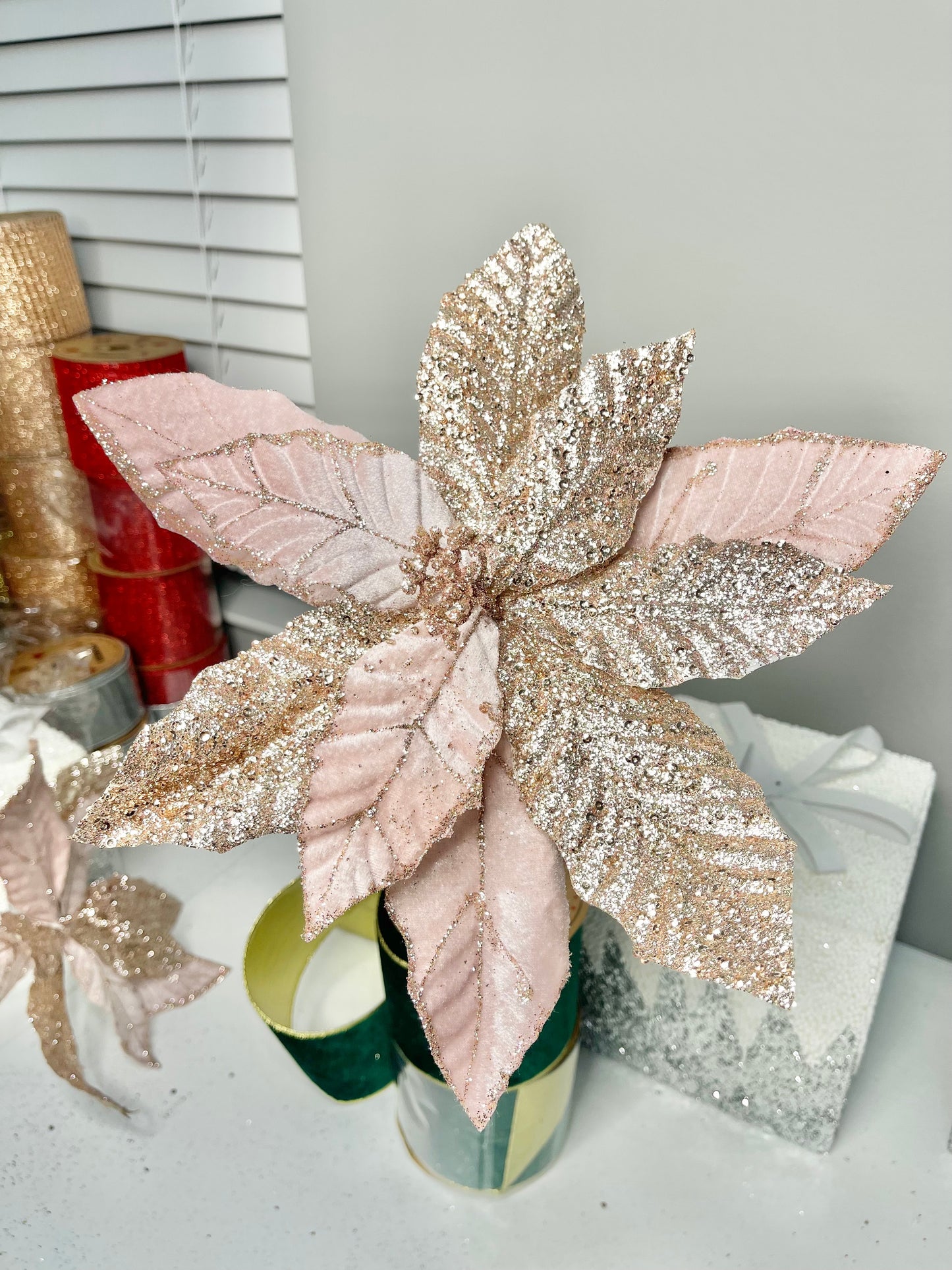 Pink Rose Gold Glittered Poinsettia Christmas Stem Spray Set of 3