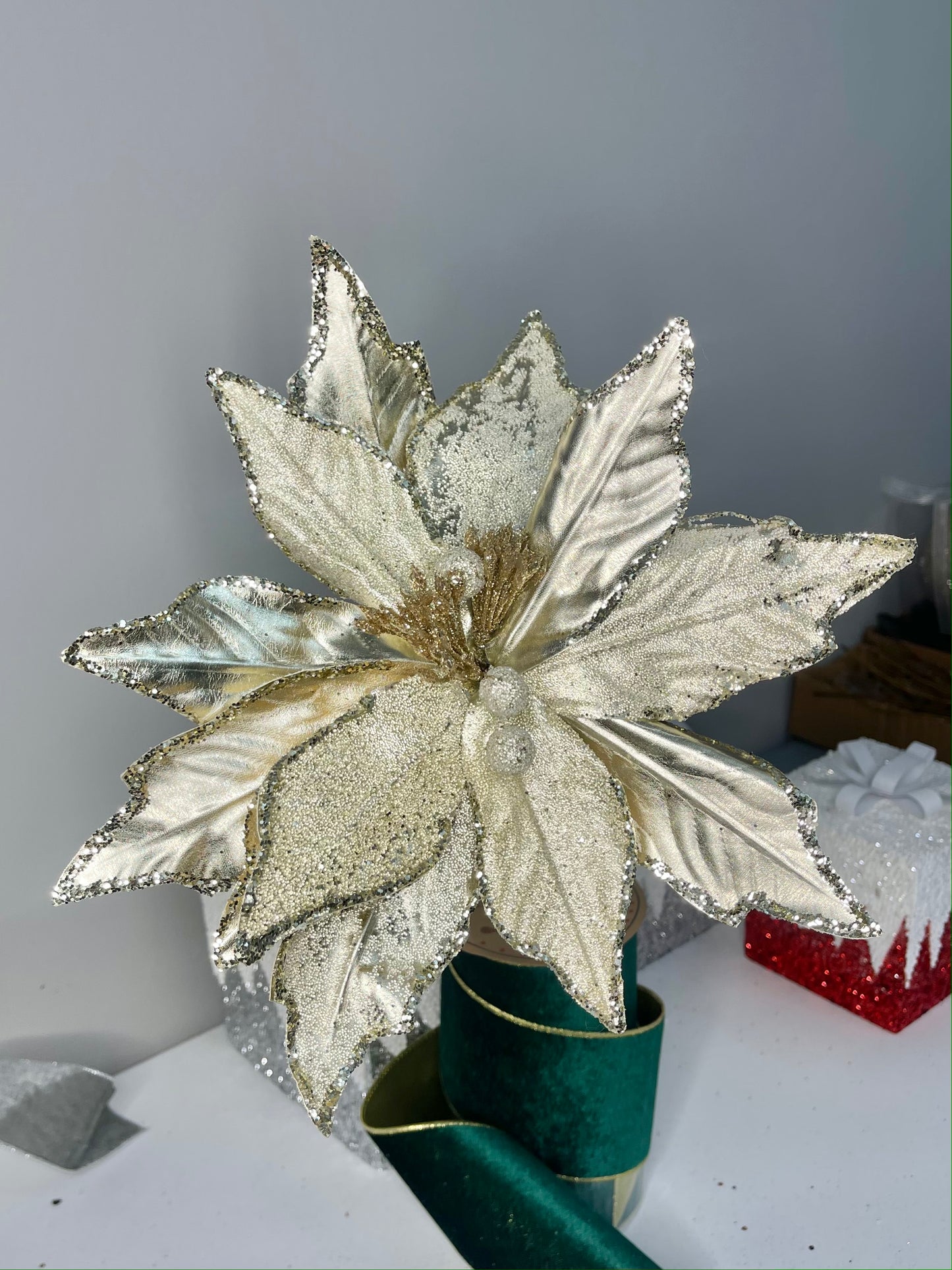 Christmas Flower Metallic Champagne Frosted Beads Poinsettia Stem Spray 12'' Set of 3