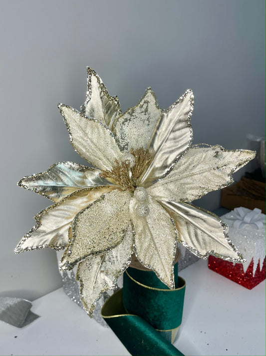 Christmas Flower Metallic Champagne Frosted Beads Poinsettia Stem Spray 12'' Set of 3