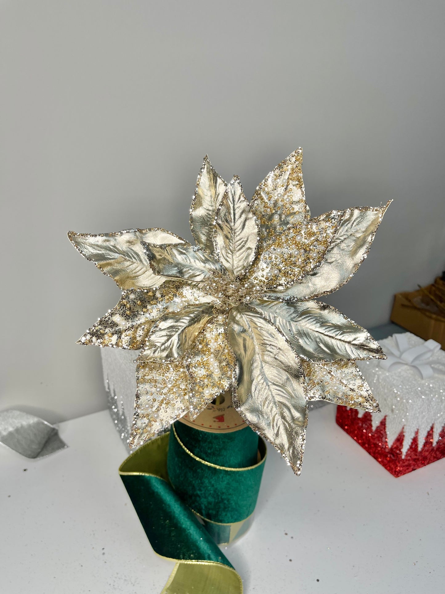 Metallic Champagne Pearl Poinsettia Christmas Stem Spray 12''