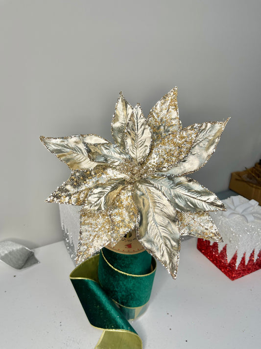 Metallic Champagne Pearl Poinsettia Christmas Stem Spray 12''