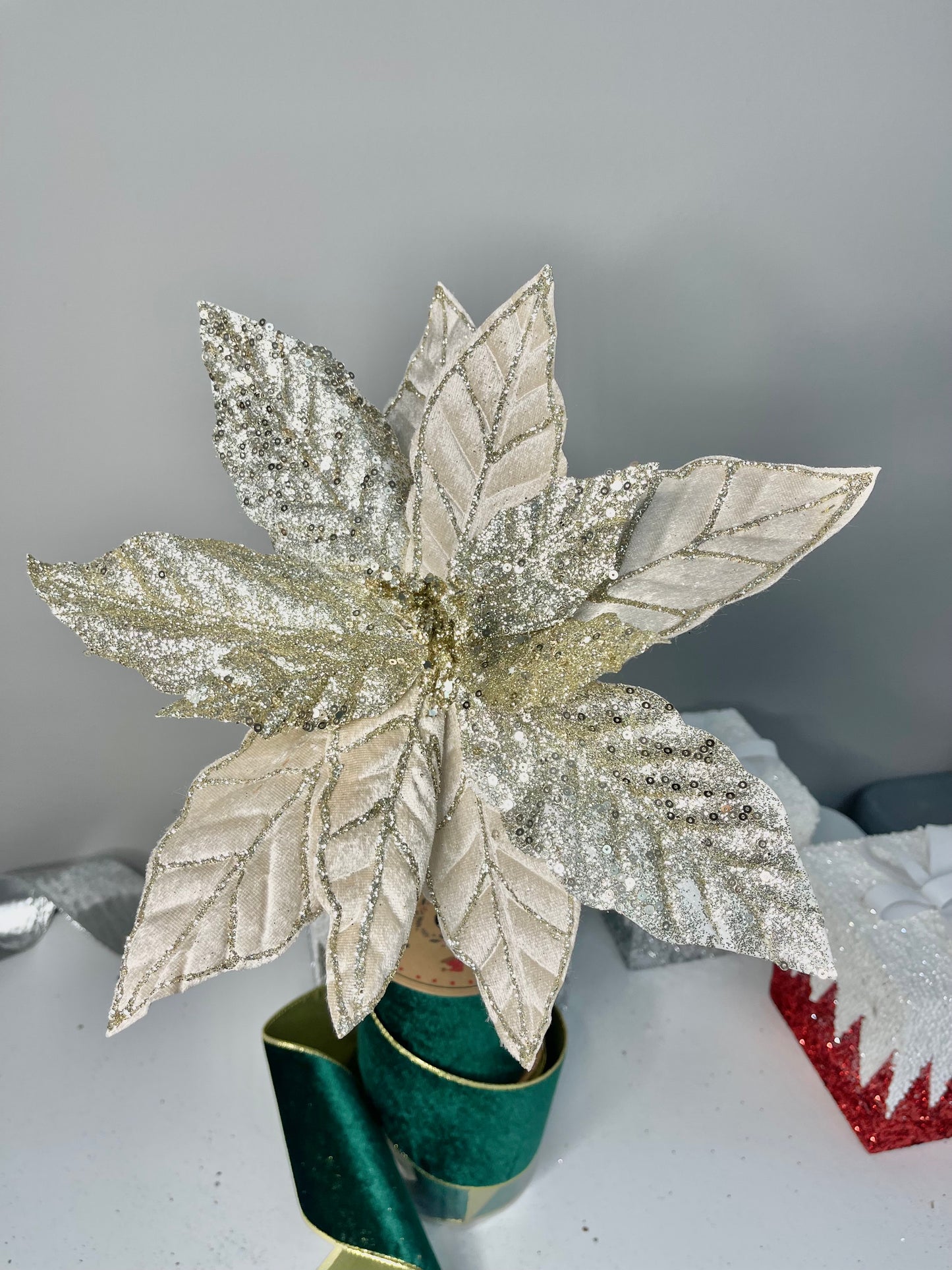 Champagne Glittered Poinsettia Christmas Flower Stem Spray 13'' Set of 3