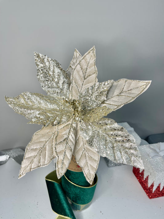 Champagne Glittered Poinsettia Christmas Flower Stem Spray 13'' Set of 3