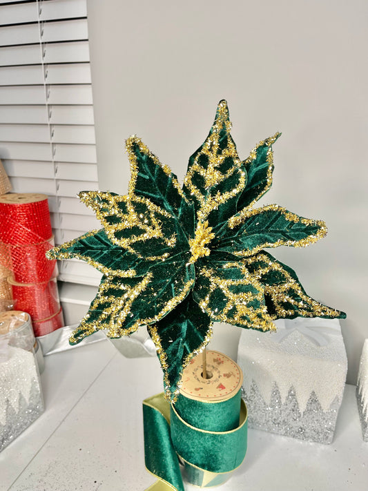 Green and Gold Glittered Poinsettia Christmas Stem Spray 13''