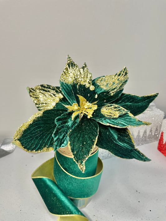 Emerald Green and Gold Velvet Poinsettia Christmas Stem Spray 13''
