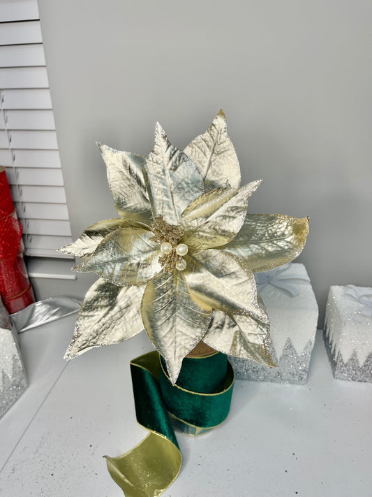 Metallic Champagne Pearl Poinsettia Christmas Flower Stem Spray 13'' Set of 2