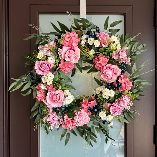 Lyla Pink Rose Green Beech Door Wreath 24" Natural Grapevine All Season Indoor Outdoor Decor