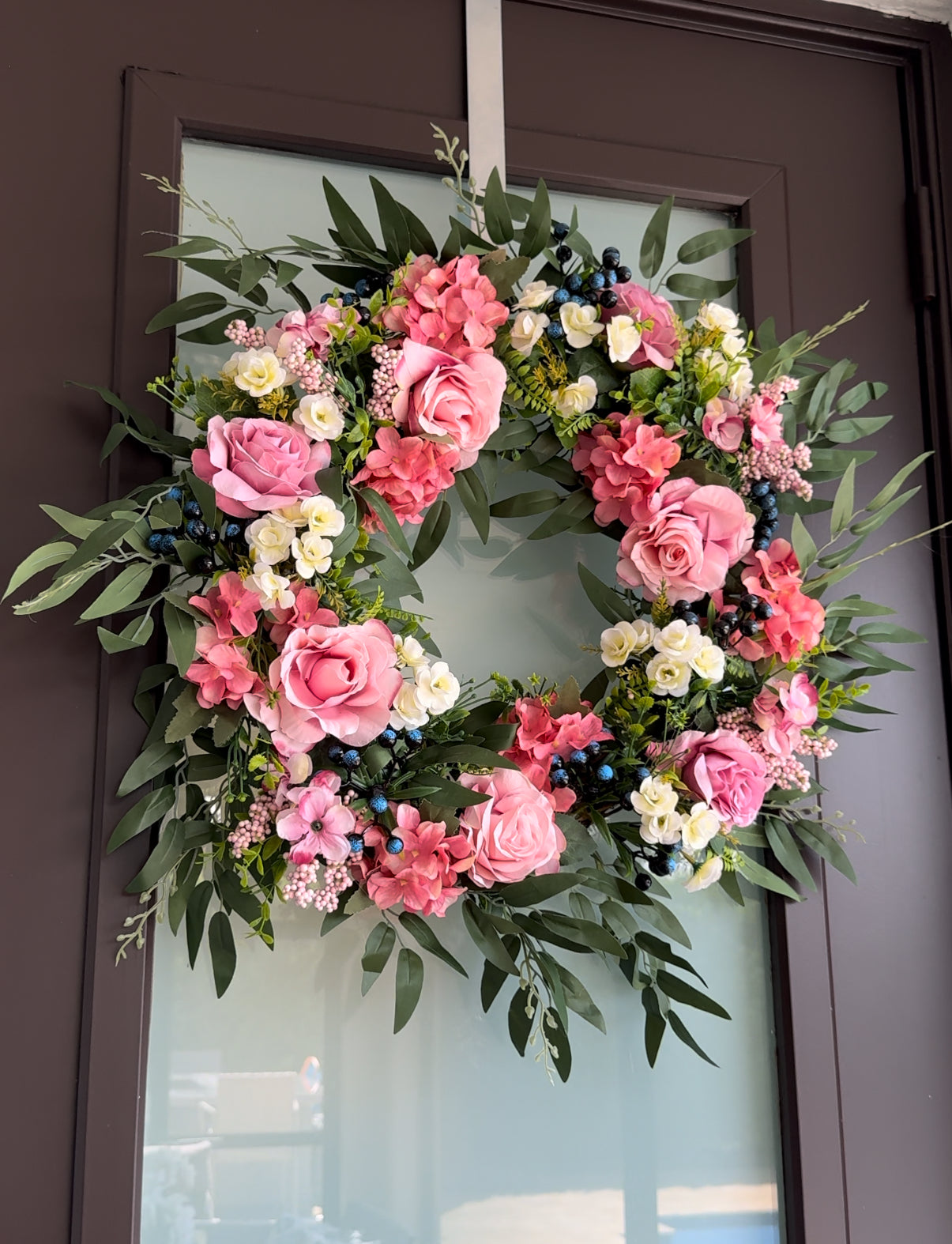 Lyla Pink Rose Green Beech Door Wreath  24" All Season Indoor Outdoor