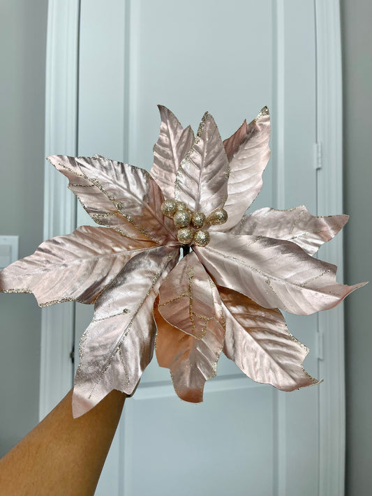 Rose Gold Metallic Poinsettia Flower Stem 14” set of 3