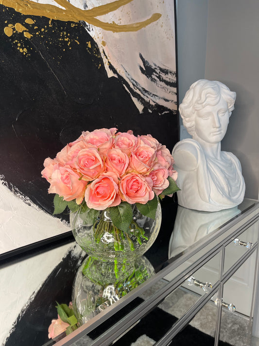 Pink Blush Rose Arrangement in Round Clear Vase