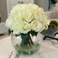 Amelie Faux Composed White Roses in Round Vase Rose Arrangement 13''