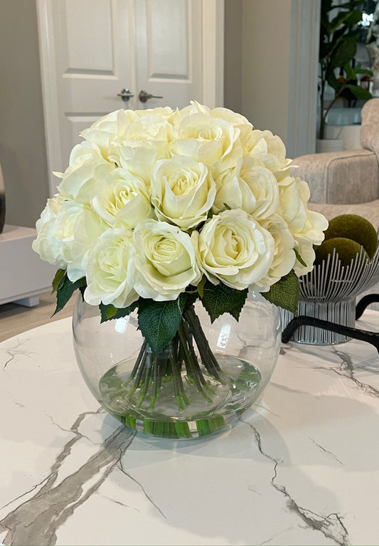 Faux Composed White Roses in Round Vase Rose Arrangement