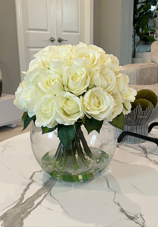 Faux Composed White Roses in Round Vase