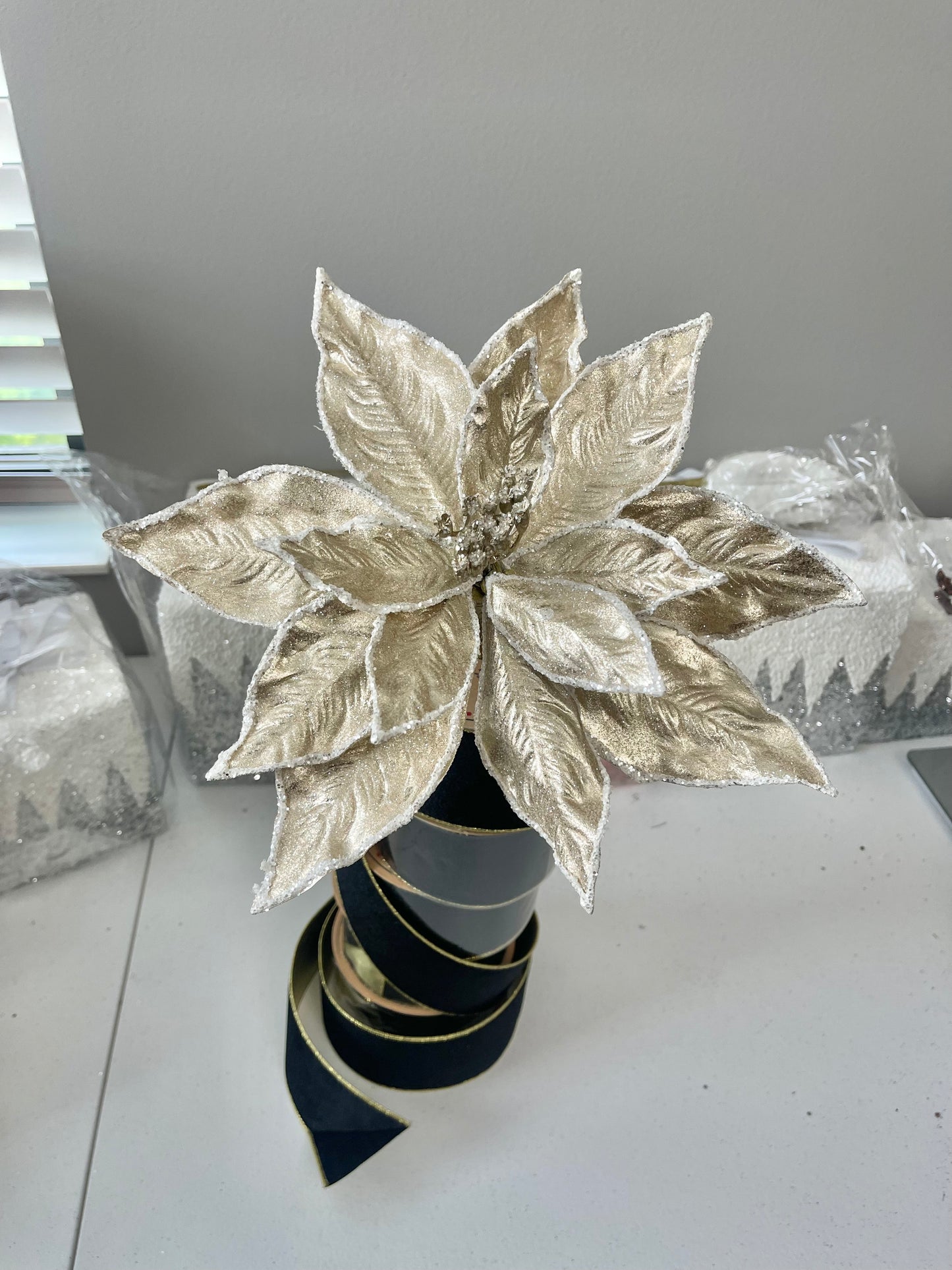 Champagne Nude Frosted Beads Glitter Poinsettia Christmas Stem 12'' Set of 3