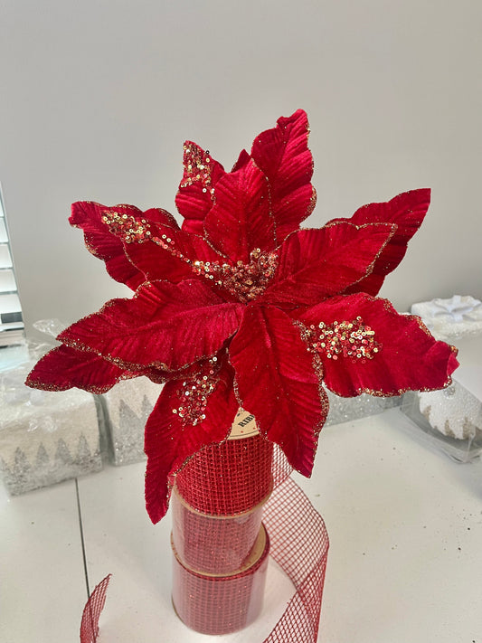 Elegant Red Velvet Glitter Poinsettia Flower 14''