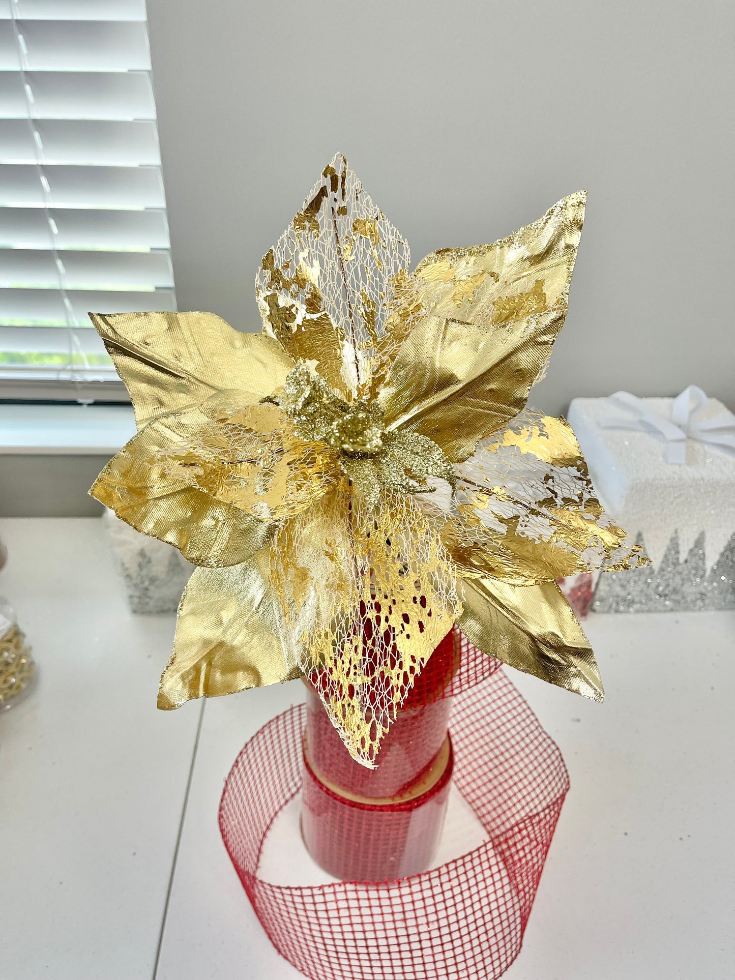 Metallic Gold Mesh Poinsettia Stem Flower Set of 2