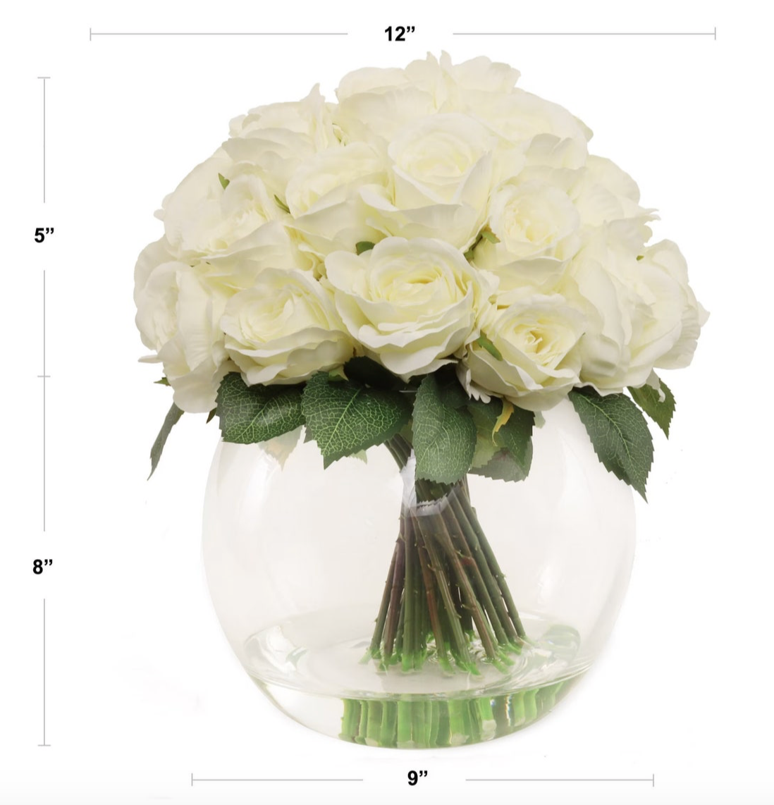 Amelie Faux Composed White Roses in Round Vase Rose Arrangement 13''