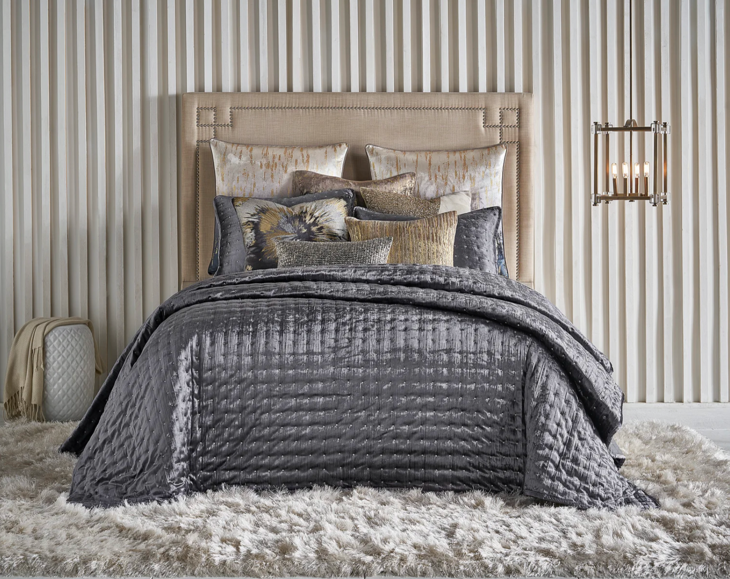 Prato Velvet Quilt Set Grey Charcoal with Metallic Dots Embroidered with Matching Shams