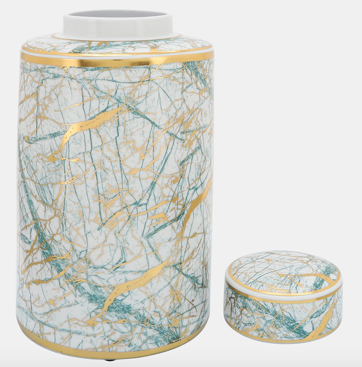 Lolita Ceramic Green, Gold White Marble Jar With Lid 12'' 16''