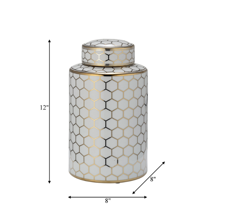 16" MODERN JAR VASE GOLD ND WHITE HONEY COMB PATTERN