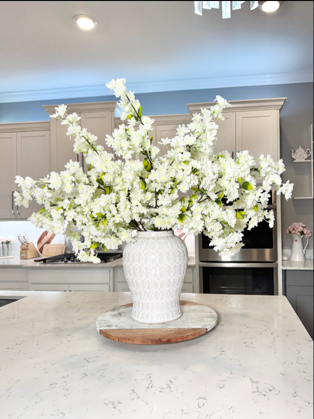 Japan M White Cream Silk Cherry Blossom Flower Branches 40” Tall, Set of 3, Realistic Faux Floral Stems for Wedding, Event, Home Decor