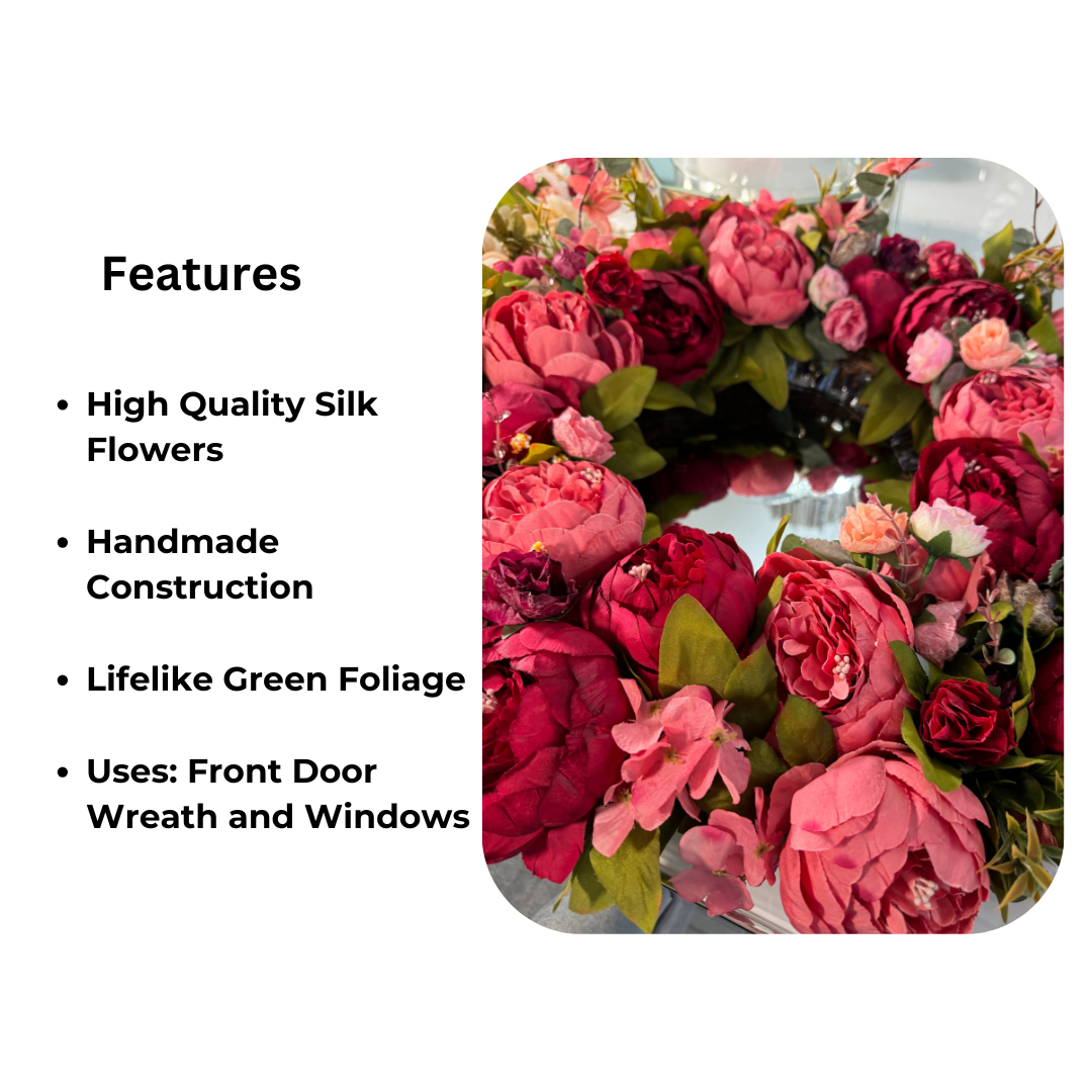 All season wreath for indoors

Artificial peony wreath for outdoors

Wreath with burgundy peonies

Spring wreath for home

Large floral wreath for all seasons

Outdoor floral wreath for door

All season flower wreath

Front door decorative wreath

Burgundy faux flower wreath

Large peony wreath with pink tones