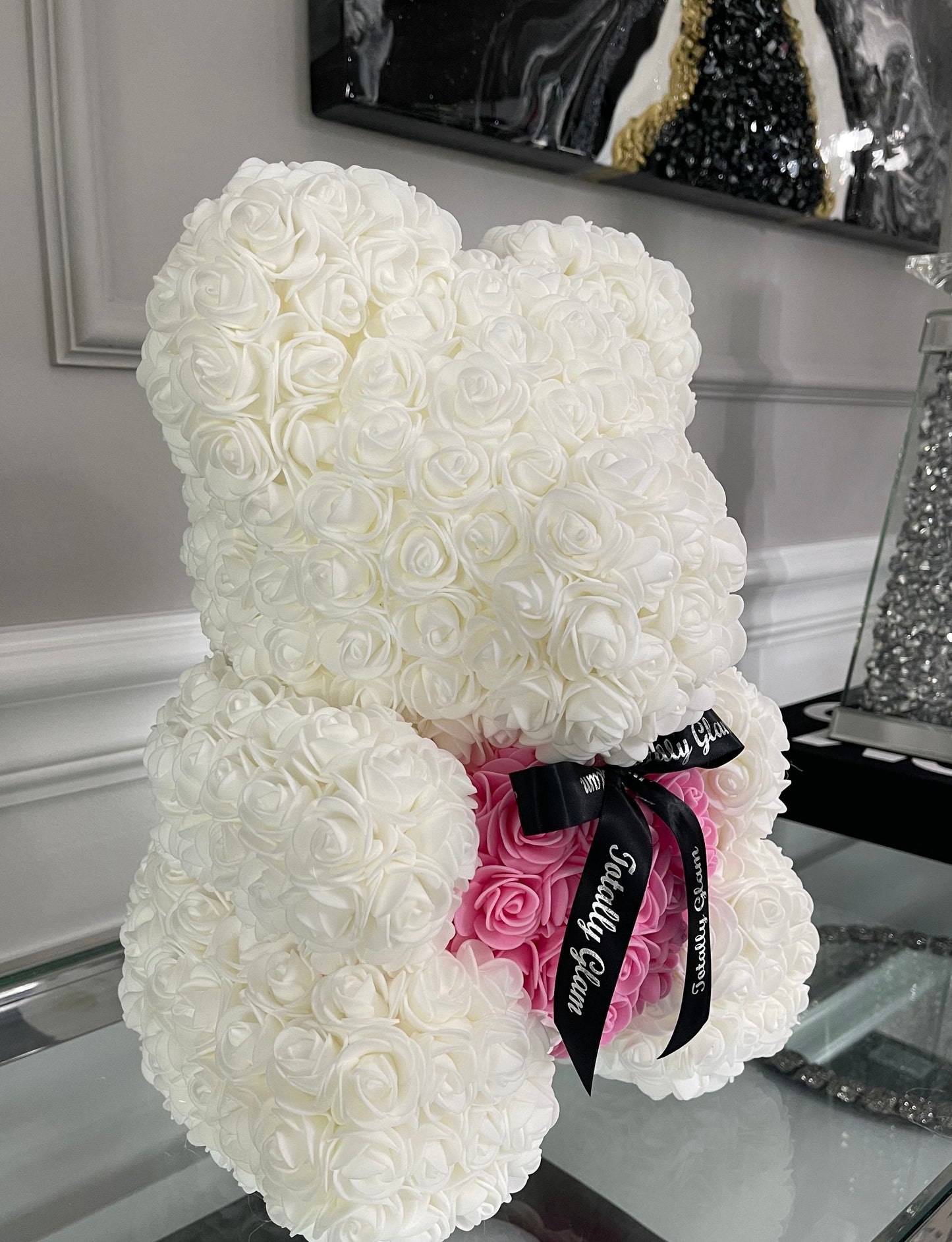 Totally Glam Large Rose Bear White and Pink Heart