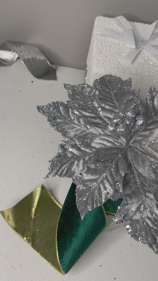 Silver Grey Glittered Velvet Poinsettia Christmas Pick
