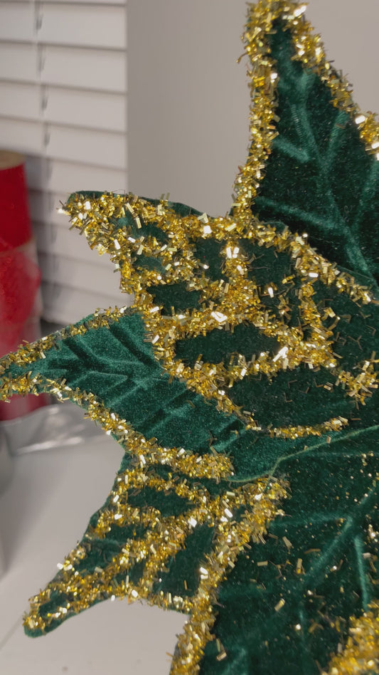 Green and Gold Glittered Poinsettia Christmas Stem Spray 13''