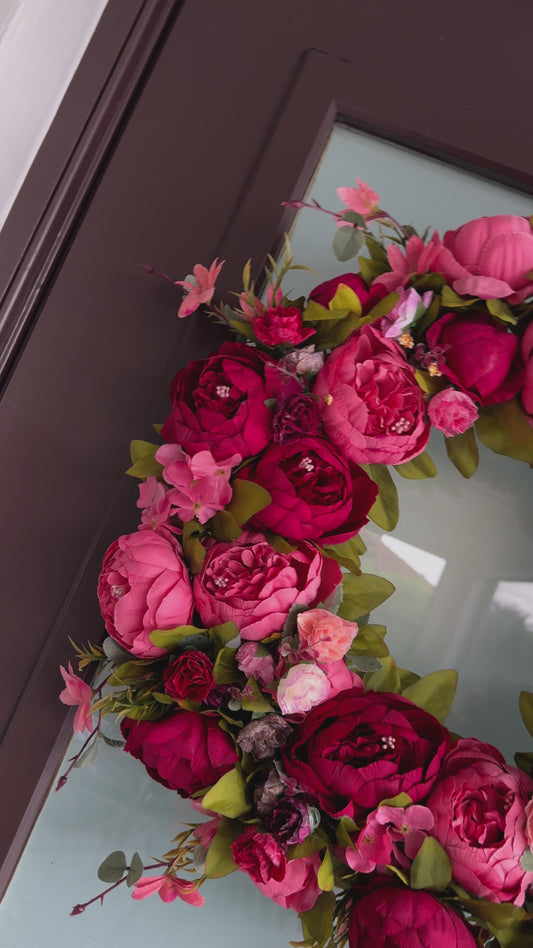Zoey Large Burgundy Red Peachy Pink Faux Peony Flower Wreath  23" All Season