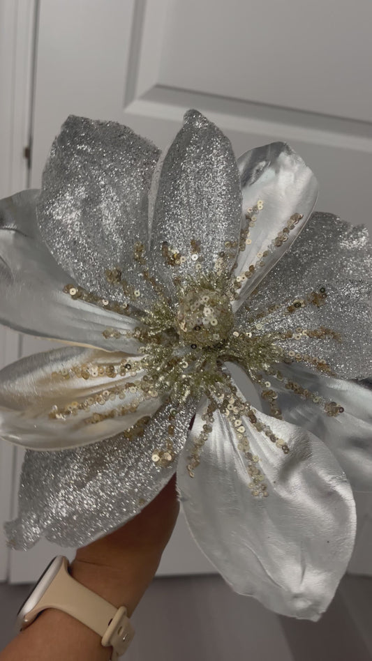 Magnolia Christmas Stem Silver and Gold  with Glittered Sequins