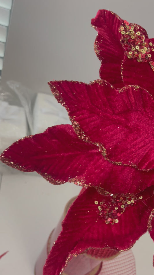 Elegant Red Velvet Glitter Poinsettia Flower 14''