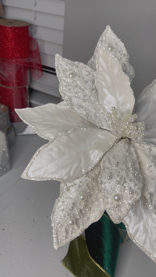 White Pearls Poinsettia Christmas Artificial Stems 12''