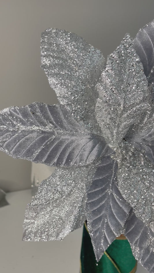Charcoal Grey and Silver Glittered Poinsettia Christmas Stem Spray