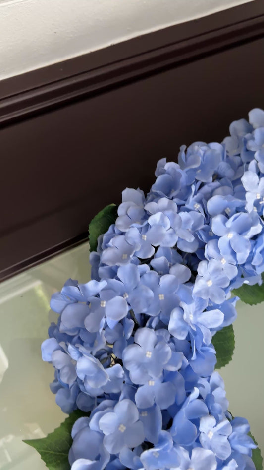 Capri Large Blue Silk Hydrangea Wreath 23” All-Season UV Resistant Front Door Wreath with 16 Hydrangea Heads on Natural Grapevine
