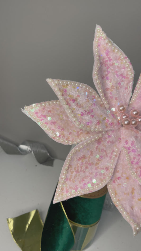 Baby Pink Multicolored Poinsettia Flower with Sequins and Pearls Set of 3 Christmas Flower