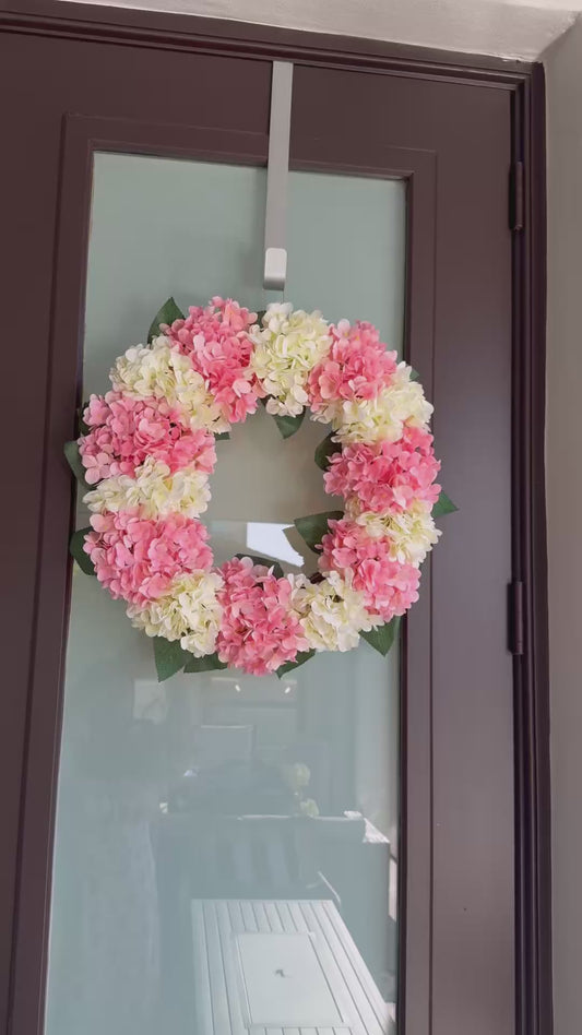 Capri Peach Pink Cream White Hydrangea Wreath, 21 In All Season UV Resistant Spring Wreath