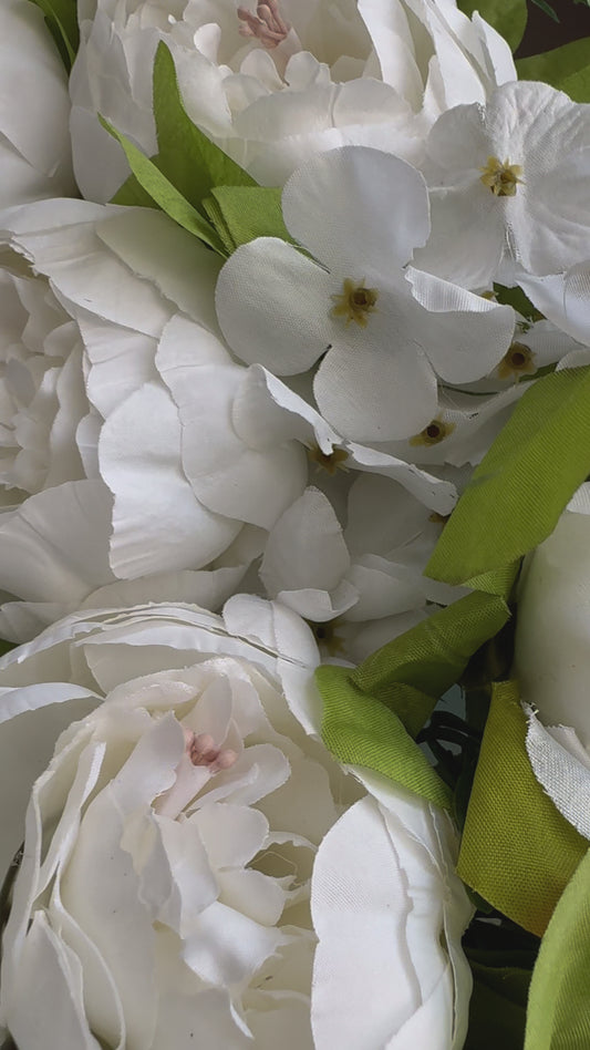 Zoey White Green Faux Peony Flower Wreath 23" All Season Indoor Outdoor Decor