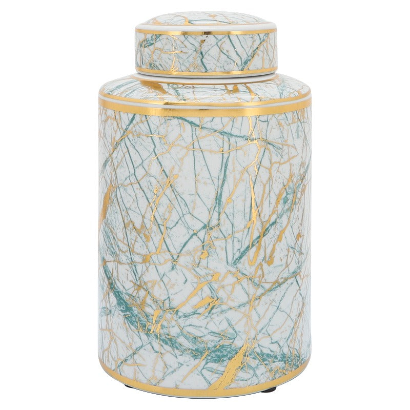 Lolita Ceramic Green, Gold White Marble Jar With Lid 12'' 16''