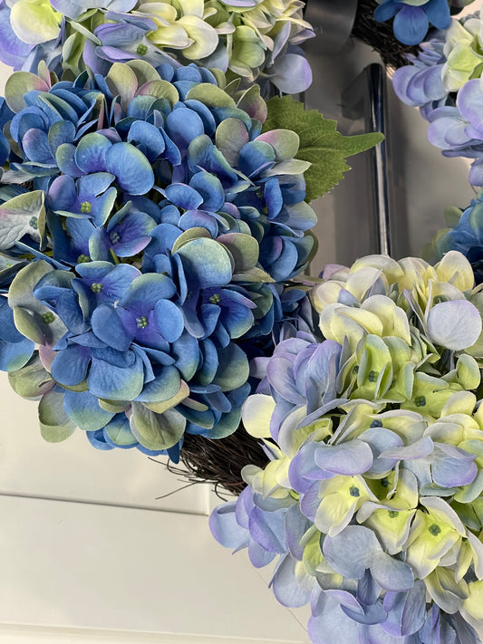 Silk Hydrangea Wreath Medium Luxury Mixed Blue 18in