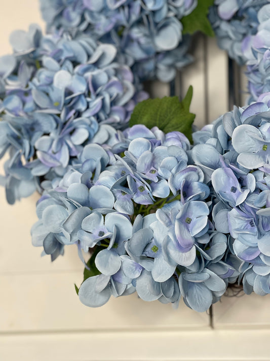 Capri Medium Luxury Blue Silk Hydrangea Wreath, 18in UV Resistant, All-Season Beauty