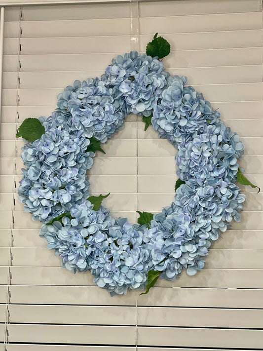 Capri Large Luxury Blue Silk Hydrangea Wreath, 24in All Season UV Resistant