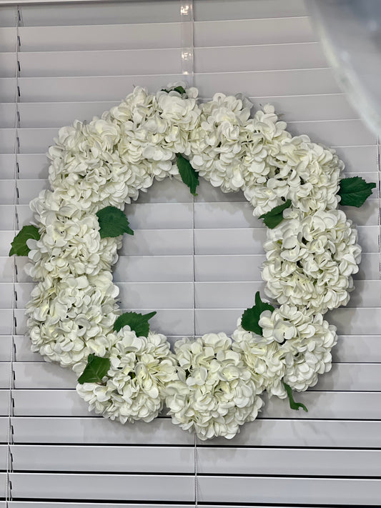 Capri White Faux Hydrangea Flower Wreath  24" - Handcrafted, Uv Resistant, All-Season, Indoor/Outdoor Decor, Perfect For Home, Wedding, Event