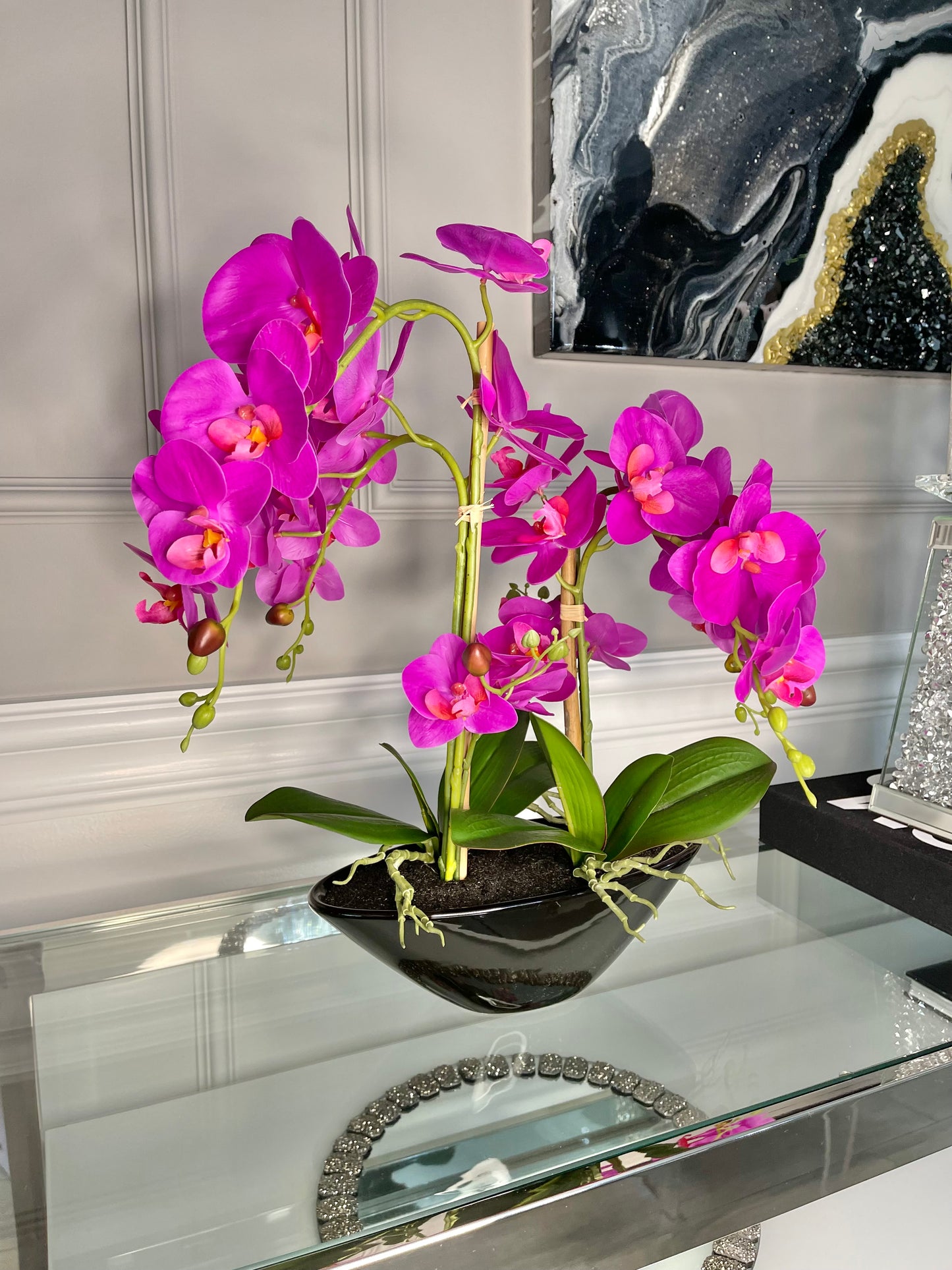 Pink Phalaenopsis Orchid Floral Arrangement in Black Vase