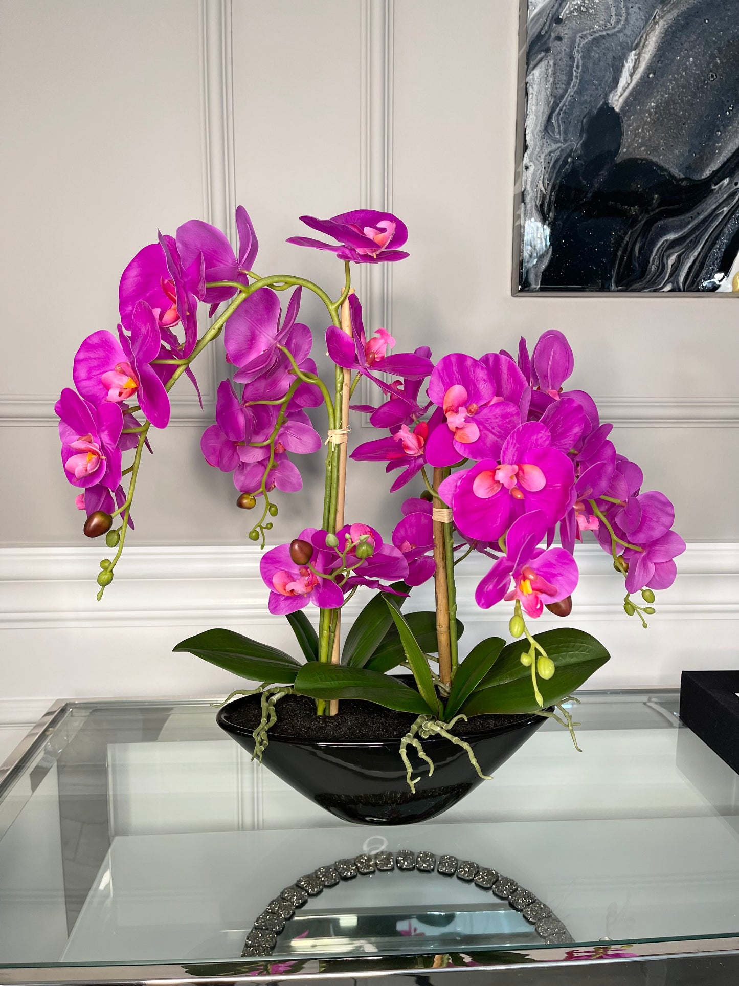 Pink Phalaenopsis Orchid Floral Arrangement in Black Vase